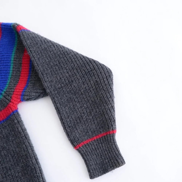 Vintage Gant The Rugger Grey w Blue Red Striped  100% Wool Crewneck Sweater L - Picture 5 of 11